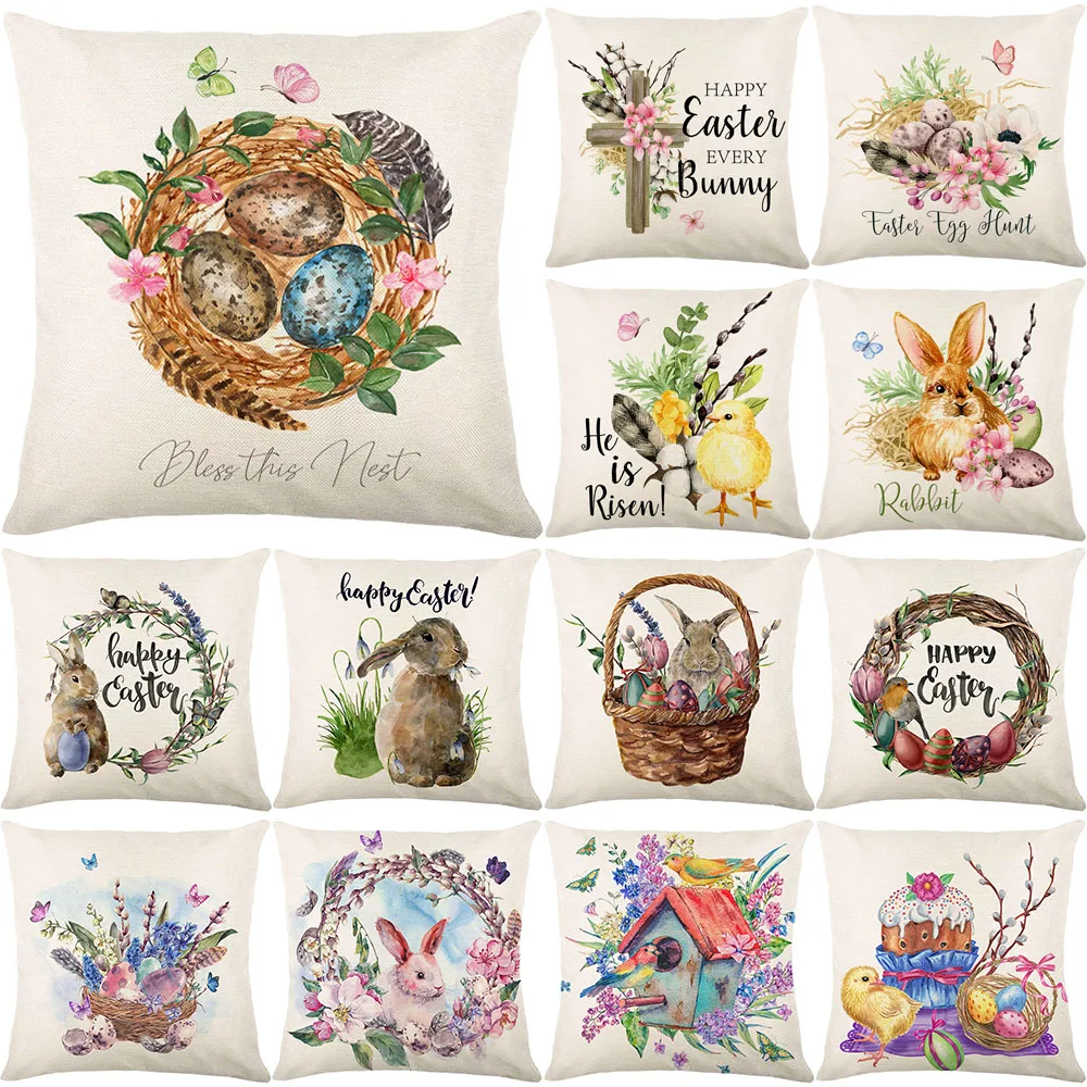 

2023 Happy Easter Cushion Cover Sofa Throw Pillow Cover Easter Eggs Bunny Pillowcase Spring Home Decorations Rabbit Pillow Slips