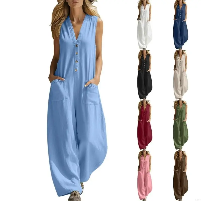 Y3NE Wide Leg Jumpsuits for Women Linen Cotton Rompers Sleeveless V Neck Button Down Overalls with Pockets