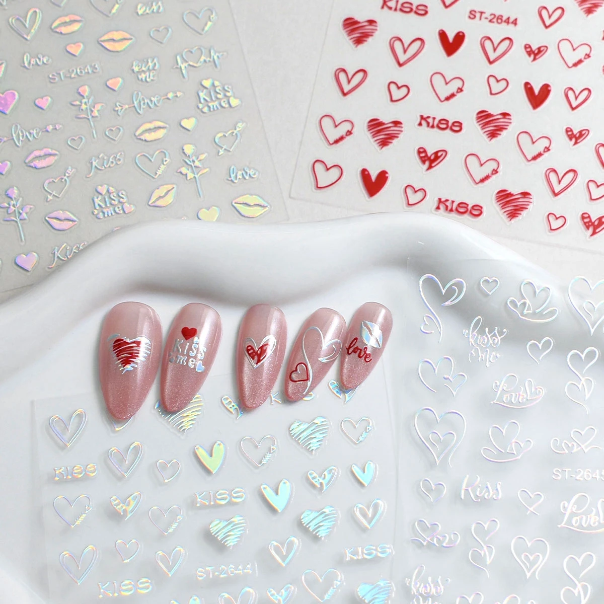 3/6/12장 하트 & 키스 네일 아트 스티커 세트, 레드 골드 실버 블랙 러브 립 디자인 발렌타인 네일 데칼 DIY 네일용