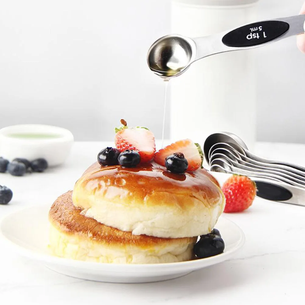 

8Pcs Stainless Steel Measuring Spoons Dual Ended Kitchen Supplies with Leveler Metric Markings Flat Lay Design for Accurate