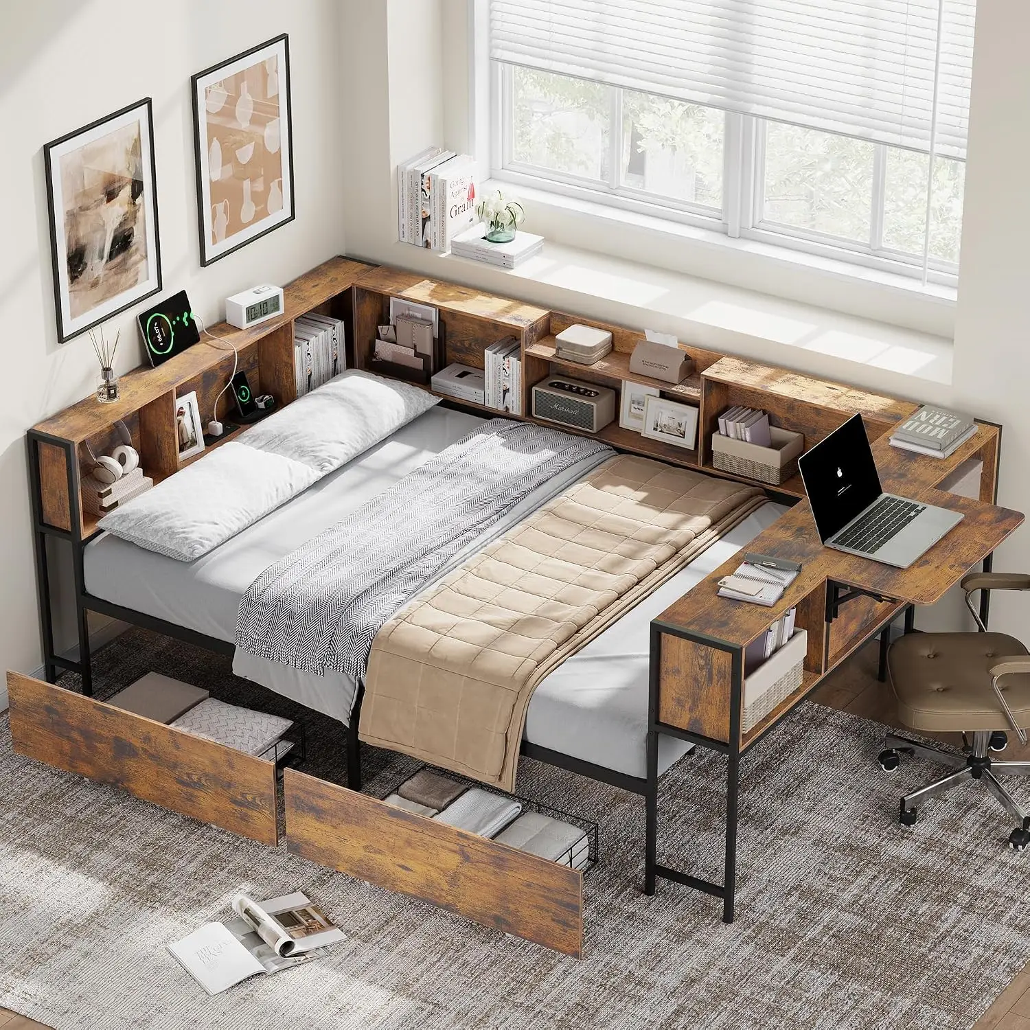 Full Bed Frame Storage Bookcase Desk Charging Station Drawers U-Shaped Metal Platform Teen Kids Bedroom, Customized