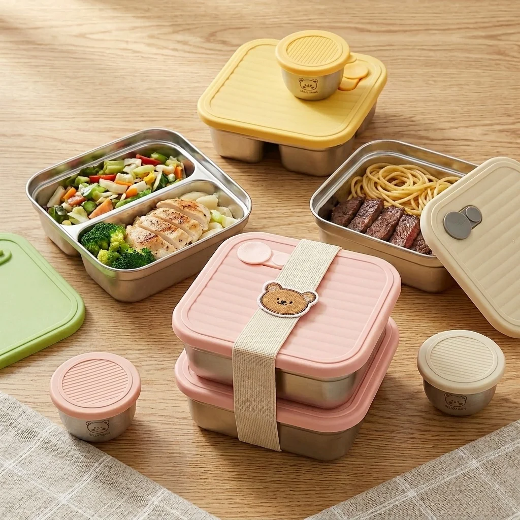 Portable Lunch Box With Sauce Box 1/2 Grids Large Capacity Fruit Salad Food Container 304 Stainless Steel Bento Box For Kids