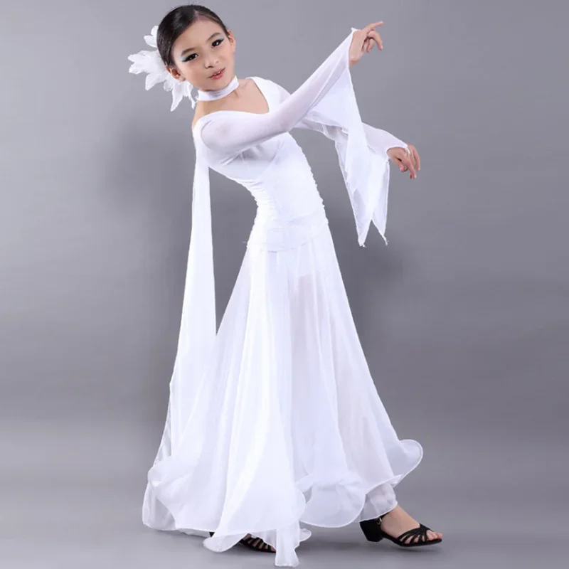 Vestido infantil de dança de salão chiffon, mangas compridas, vestido de competição padrão, valsa moderna e roupa dançante latina para menina, 1 pc