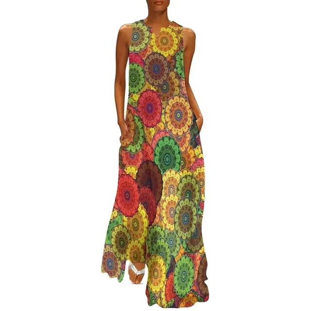 Flower Power Women Dress Summer Retro Floral Print Street Wear Bohemia Long Dress Womens Sleeveless Sexy Maxi Dress Big Size 3XL