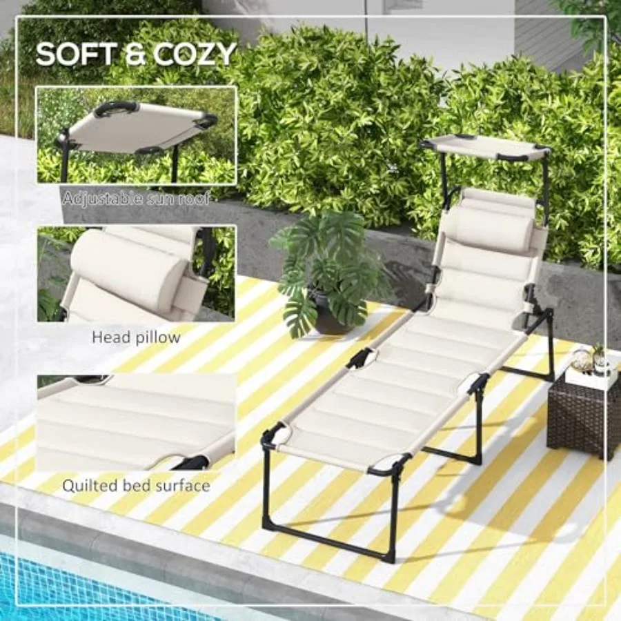 2 Pieces Outdoor Lounge Chair, Adjustable Backrest Folding Chaise Lounge, Cushioned Tanning Chair with Sunshade Roof and Pillow view 6