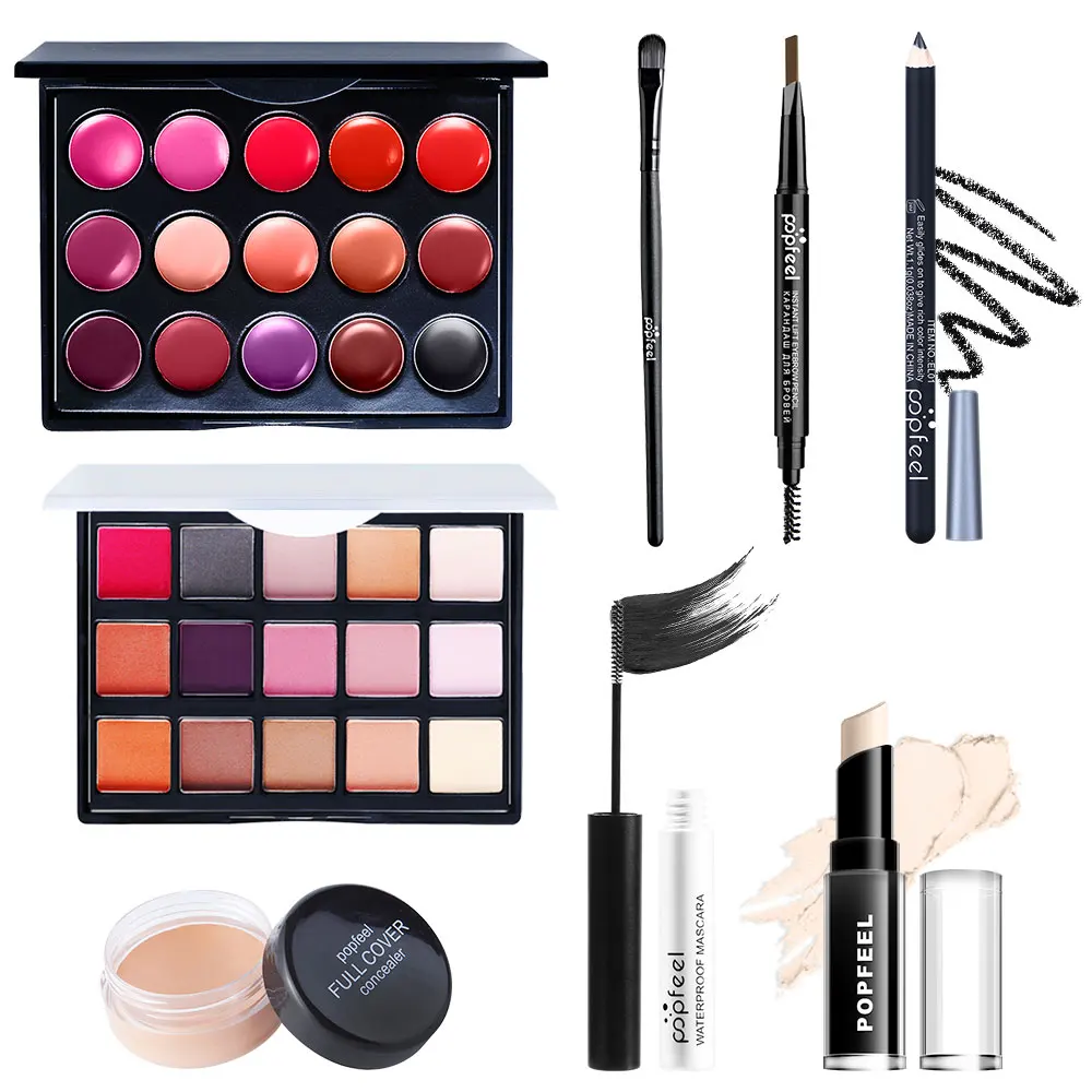 مجموعة هدايا مستحضرات التجميل من POPFEEL - مجموعة مكياج ممتازة مع ظلال عيون، قلم حواجب، ماسكارا، كونسيلر، أحمر شفاه، ملمع شفاه.