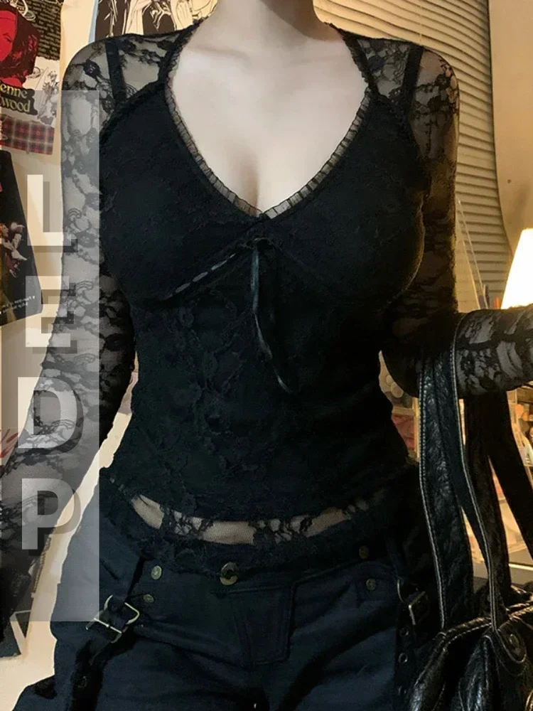 IMU Aesthetic Mall Gothic Black T-shirt Women Y2k Coquette Sexy Lace Patchwork See Through Long Sleeve V-neck Crop Tee Tops