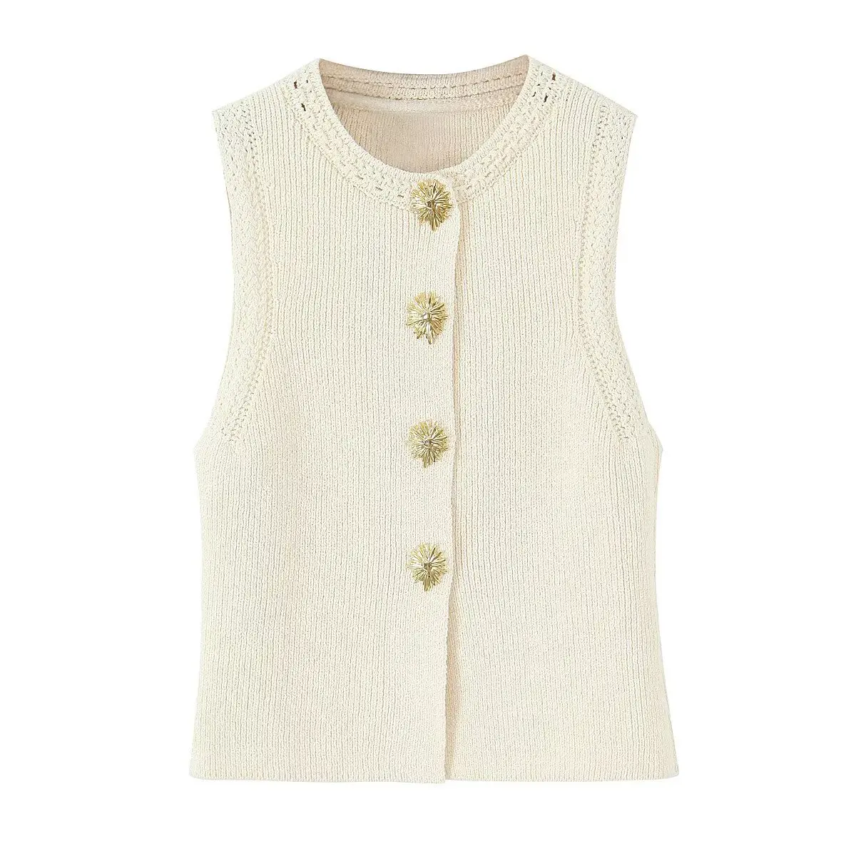 

MYST&ZA Women's Summer New Style Featured Metal Button Decoration Casual Elegant Round Neck Sleeveless Short Knitted Tank Top