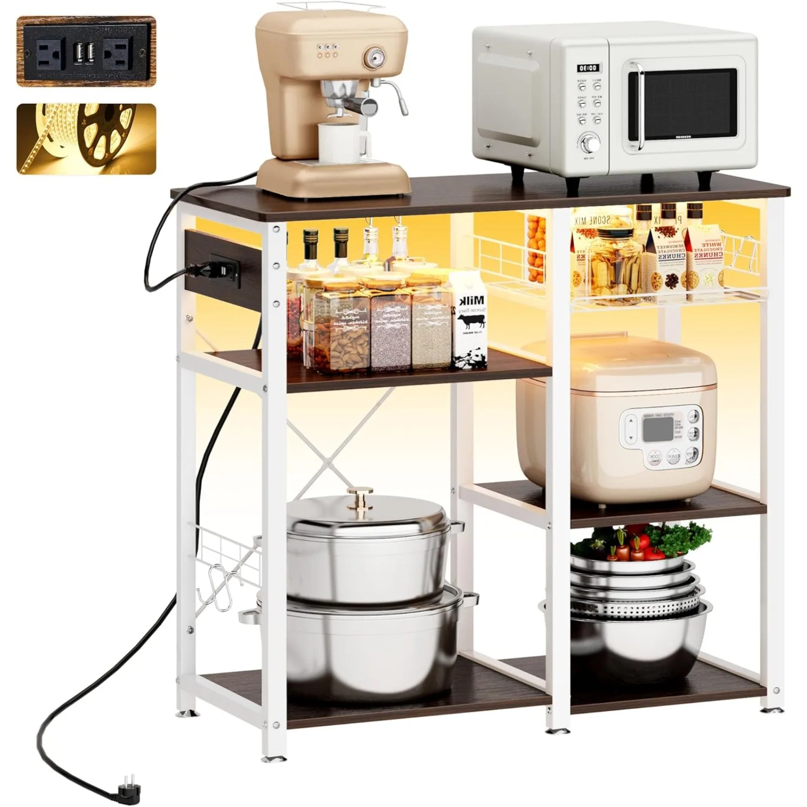 US soges 3-Tier Kitchen Baker's Rack with Power Outlet & USB Ports, Utility Microwave Oven Stand, LED Kitchen