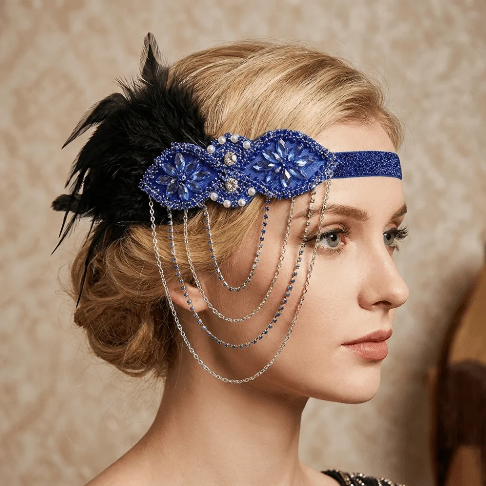 Hair Accessories Tassels Feather Hairband Long Chain Beaded Headband Hair Hoop Headwear Rhinestone Hair Band Makeup Party