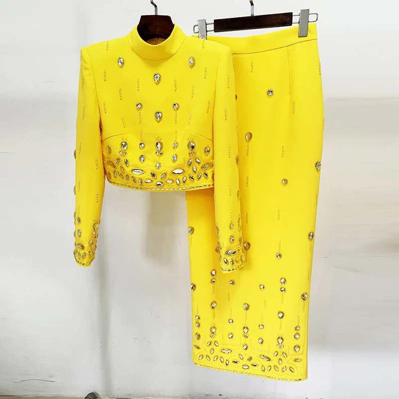 

JAMERARY Top Quality Runway Yellow Diamond Short Long Sleeve Tops Long Maxi Pencil Skirts Suits Beaded Two Piece Women Sets