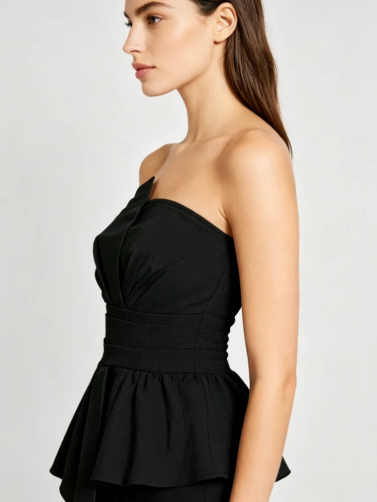 Damen Off-Shoulder-Top mit Unregelmäßigem Taillenbund, Ärmelloses Peplum-Bluse, Elegant in Schwarz, Geeignet für Partys und Dates – Detail 2