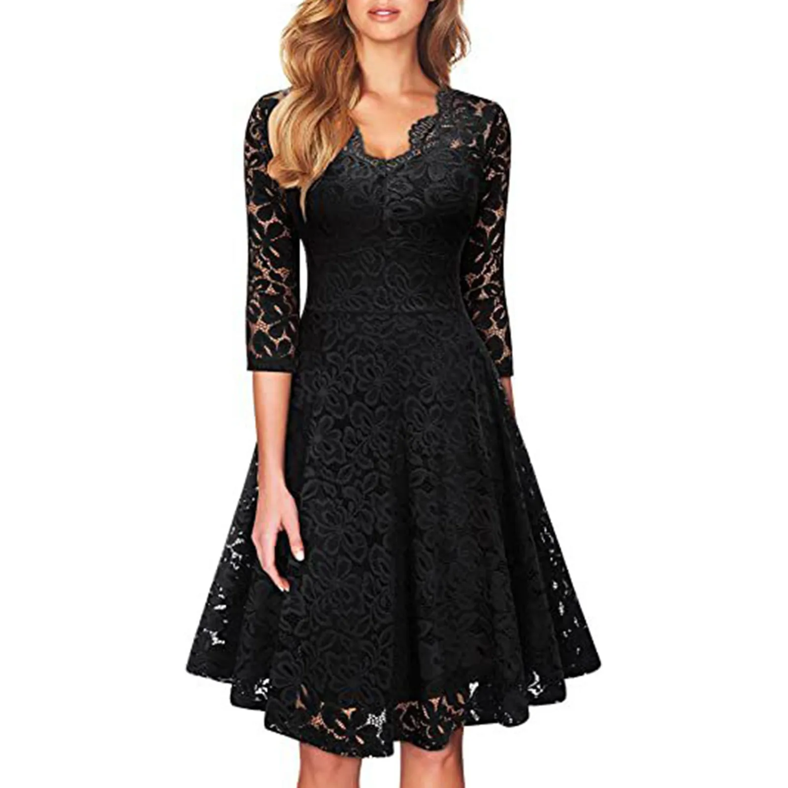 

Ladies Europe And The United States Vintage Lace Collar Lace Dress Solid Color V-Neck Seven-Point Sleeve Waist Swing Dress