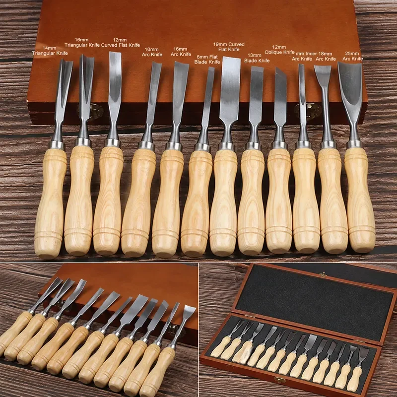 12PCS Wood Carving Tools CRV Blade Engraving Chisel Set Wooden Handle for DIY Handicrafts Sculpting Knife Gouge Kit