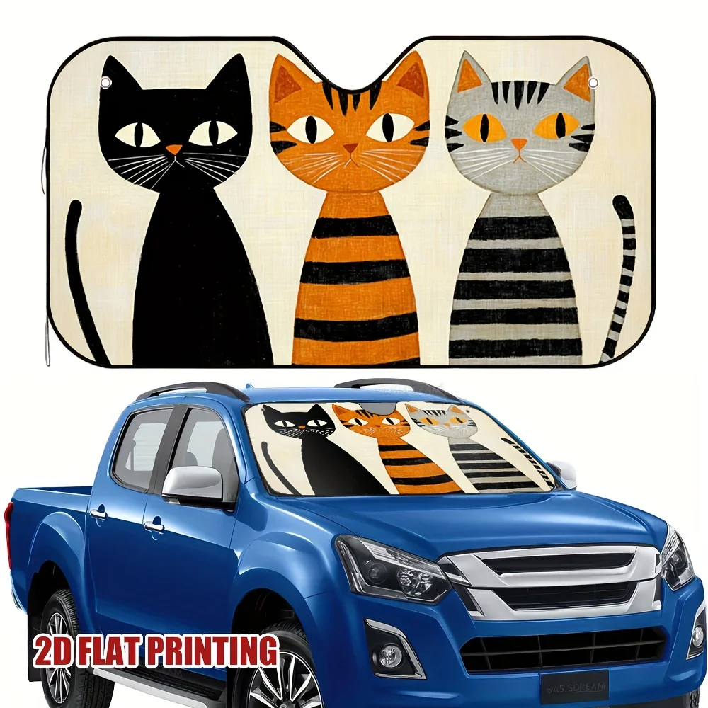1pc Striped Cat Trio Sunshade For Cars, Ideal For Warm Weather And Everyday Short Journeys, Offering Efficient