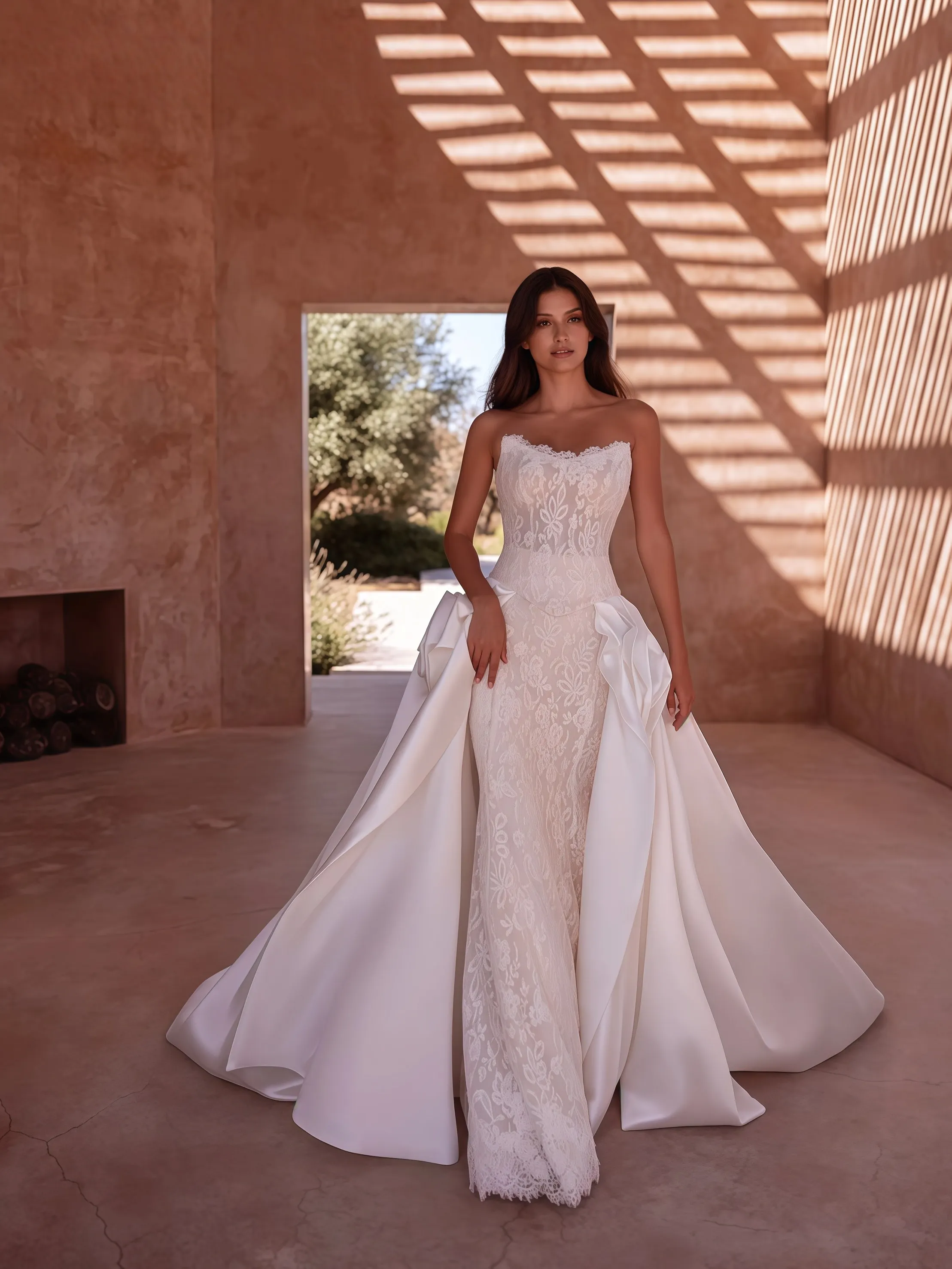 Customized Detachable Train Sexy Strapless Mermaid Wedding Dress With Shiny Sequins Sleeveless Court Lace Decal Bridal  Gown