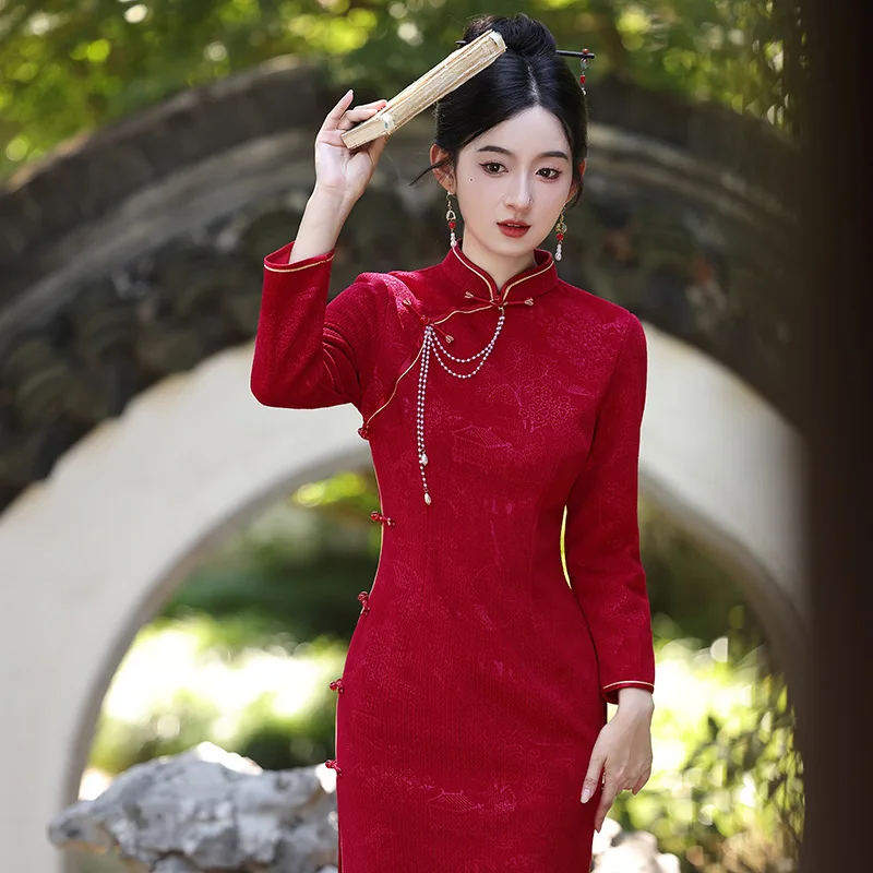 

Yourqipao, осеннее ретро Cheongsam, красное обручальное платье для невесты, кружевное Ципао с длинными рукавами, вечернее платье в китайском стиле для женщин
