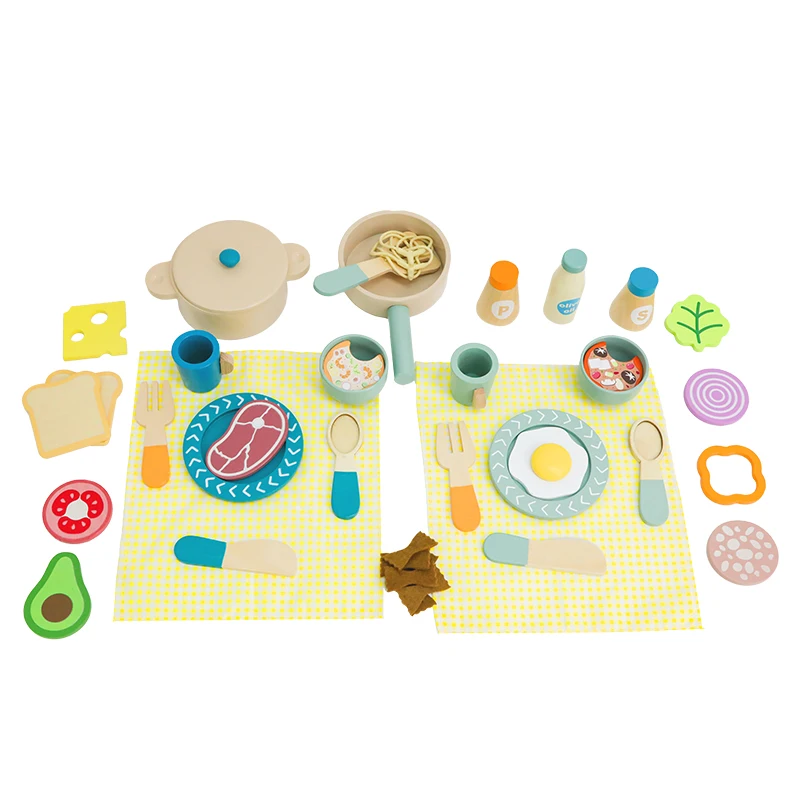 Hölzerne Küche, Rollenspiel-Set, Montessori-Simulationsplatten, Geschirr, Zubehör, Küchenspielset, Spielzeug für Kleinkinder, Geschenke ab 3 Jahren – Detail 21