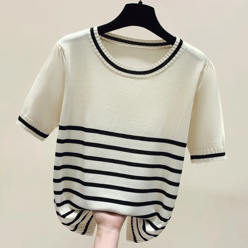 2025 Summer Women O-Neck Cashmere Wool Knitted Pullovers Short Sleeve Loose Jumper Knitwear Sweaters Striped Casual Tops