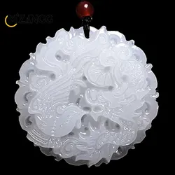 Chinese White Jade Dragon and Phoenix Jade Pendant Double-sided Hollow Carved Couple Necklace Lucky Amulet Gift for Men Women