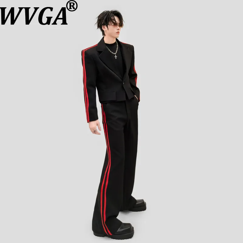 WVGA Spring Autumn New Men Striped Contrasting Color Trendy Short Blazer Niche Chic Casual Flared Pants Two-Piece Set Ins W26592