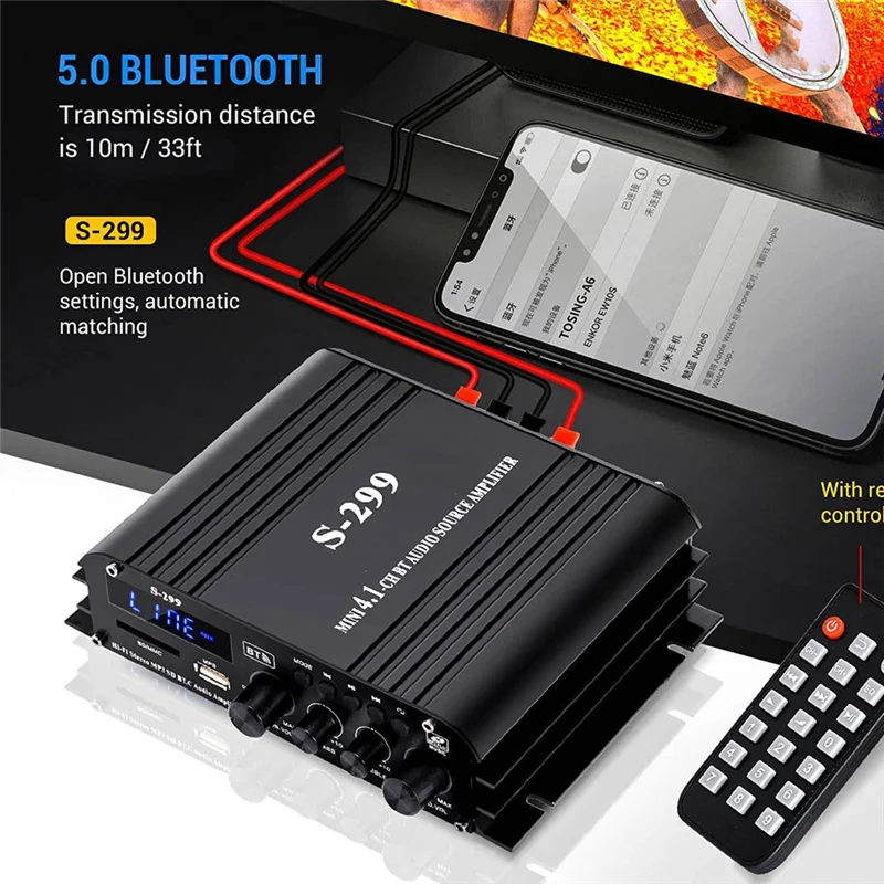 FFYY-S-299 Mini 4.1 Audio Stereo Power Amplifier BT Portable Car And Home Dual-Use 4X40W Remote Audio Amplifier EU Plug Easy Ins