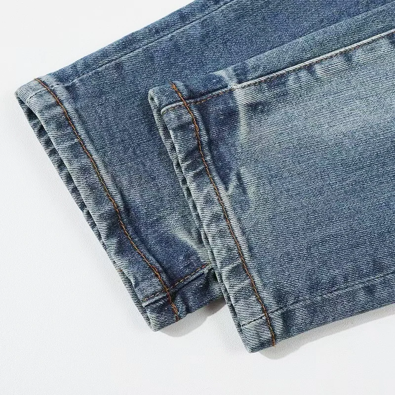 Los últimos pantalones vaqueros azules lavados para hombre de moda urbana de diseñador con elástico, corte ajustado, parche de tela rasgada, parche de cuero para hombre, hip-ho