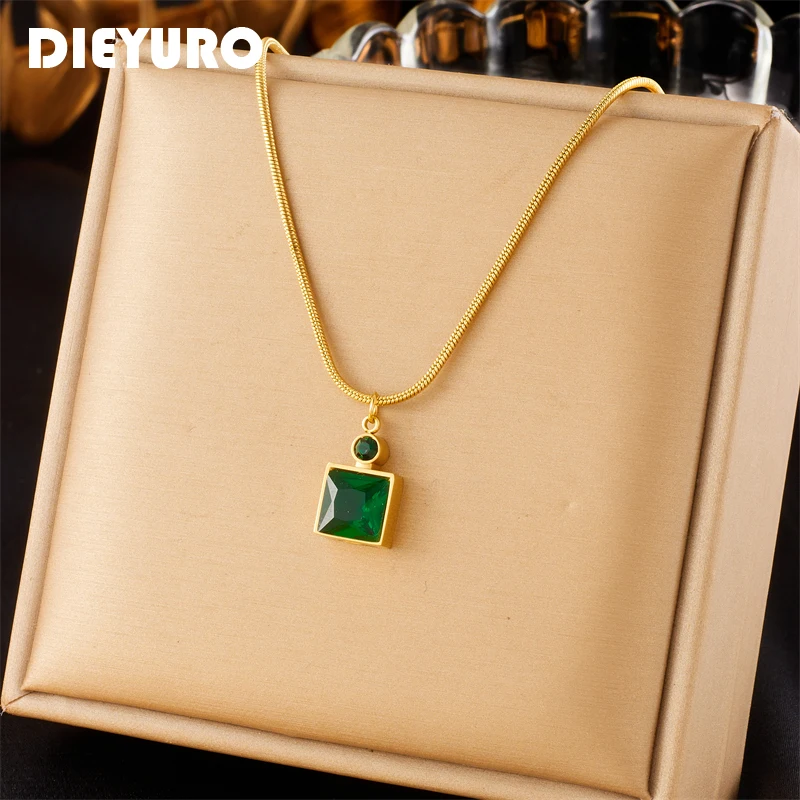 DIEYURO 316L Stainless Steel Square White Green Zircon Pendant Necklace For Women Fashion Neck Chain Jewelry Party Gift Colar