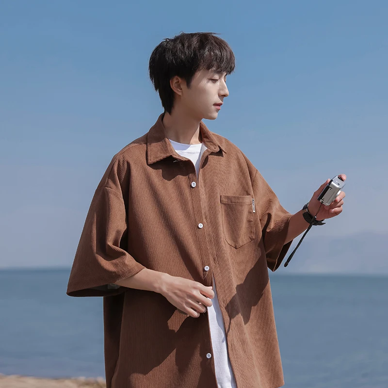 

Retro Japanese Sle y ort Sve irt Men's Summer Thin Wfle Coat f Sve Inch irt Youth Faion Loose Fit