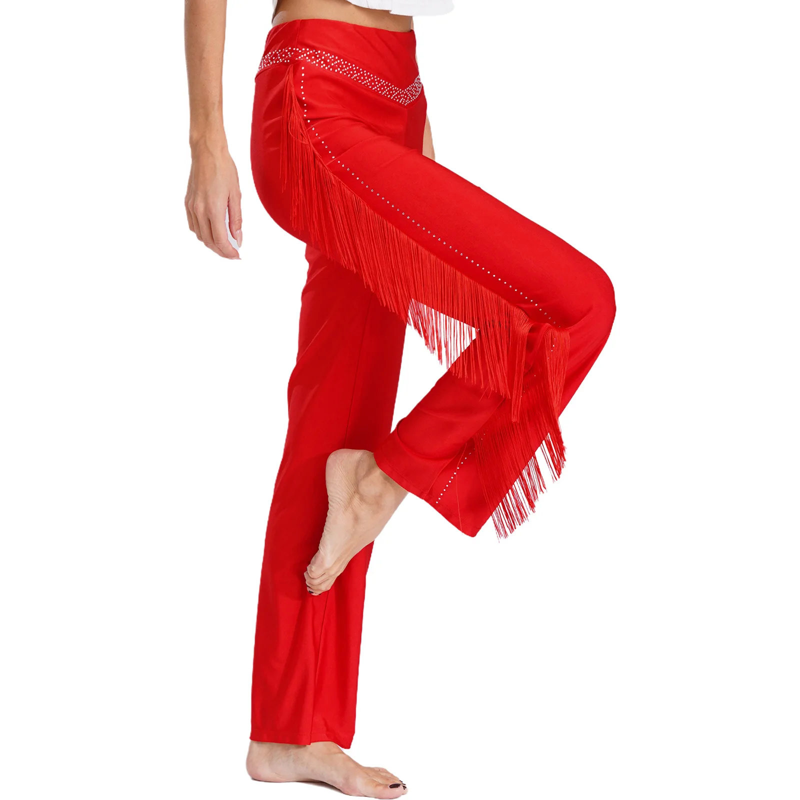 

Shiny Latin Dance Pants For Adult Women Ballroom Tassel Fringe Pants Salsa Samba Cha-Cha Dancewear Female Competition Costume