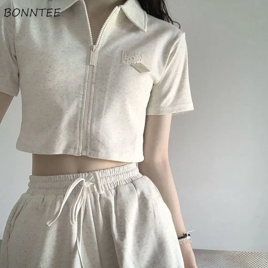 

Ins Sets Women Two Pieces Short Sleeve Turn Down Collar Crop Tops High Waist Shorts Students Japanese Style Leisure Workout Cozy