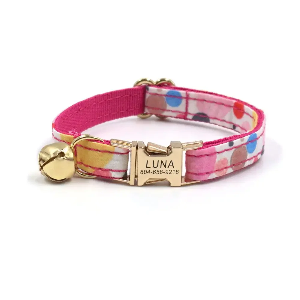 

Personalized Rainbow Bubble Color Adjustable Cat Collar with Bell, Customized ID Name Contacts Metal Buckle