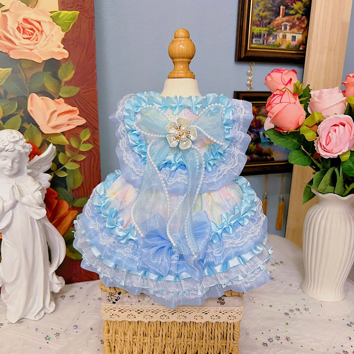Summer Blue Lolita Pet Dog Clothes Fashion Handmade Flower Print Lace Bow Princess Dress for Small Medium Dogs Chihuahua Puppy