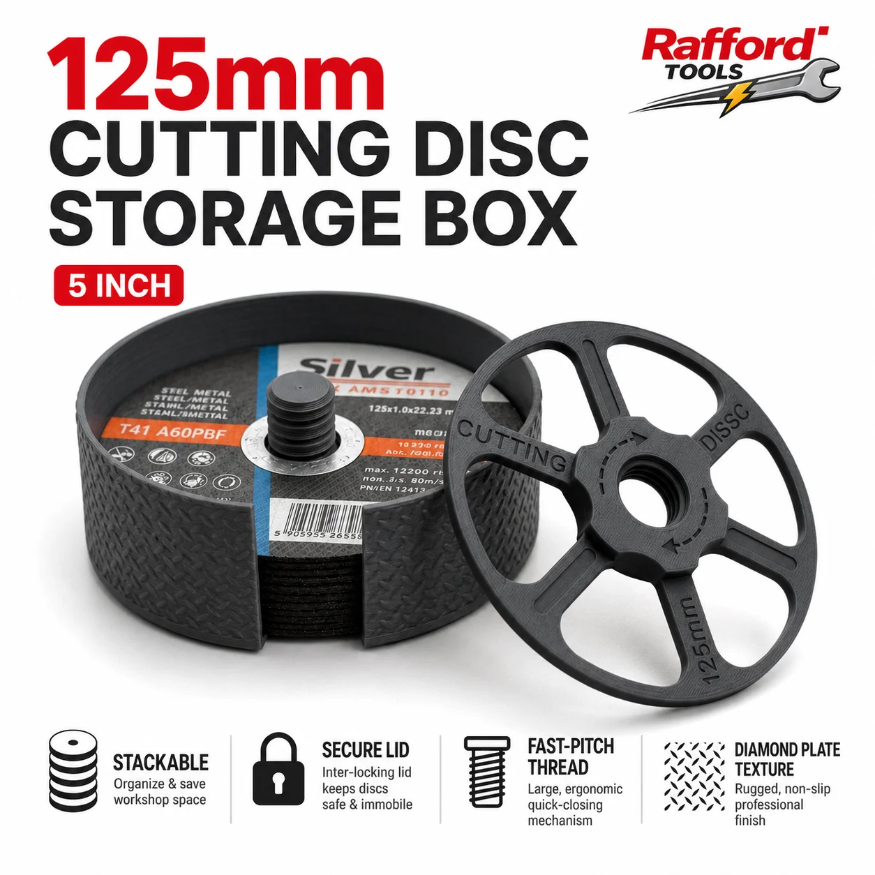 Caixa de Armazenamento para Discos de Corte Rafford 125mm, Organizador de Discos para Esmerilhadeira de 5 Polegadas, Estojo Protetor Empilhável para Ferramentas de Oficina