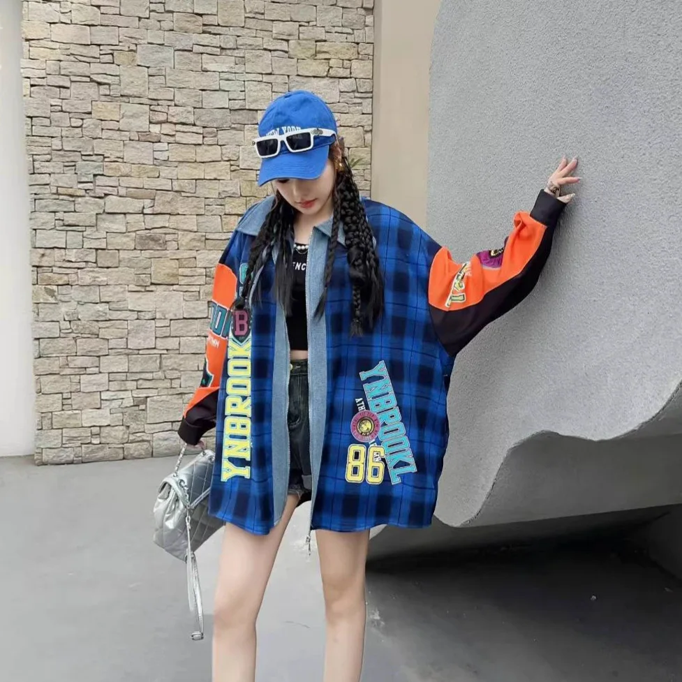 Fashion Casual Loose Letter Print Plaid Long Sleeve Shirt Women 2025 New Autumn Color Block Design Outerwear Trendy Coat