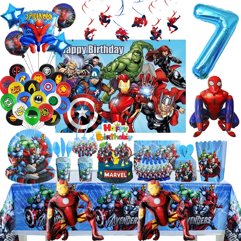 The Avengers Birthday Party Decoration Superhero Disposable Tableware Balloons Mask Bag Cake Decoration Baby Shower Supplies