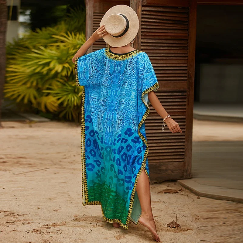 فستان شاطئ مثير للنساء ، قلادة على شكل حرف v ، سترة ، سارونج ، قفطان رداء ، طباعة ملونة ، غطاء بيكيني ، كبير الحجم ، طويل ، صيفي