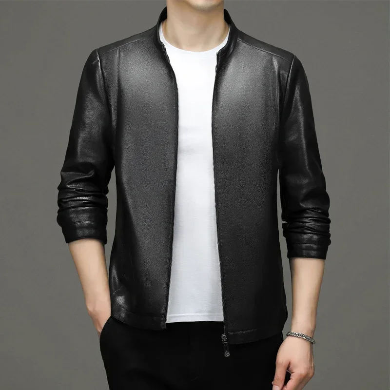 Spring and Autumn Haining Thin Leather Clothing Men's Motorcycle Youth Velvet Stand Collar Thick Soft Leather Jacket Coat