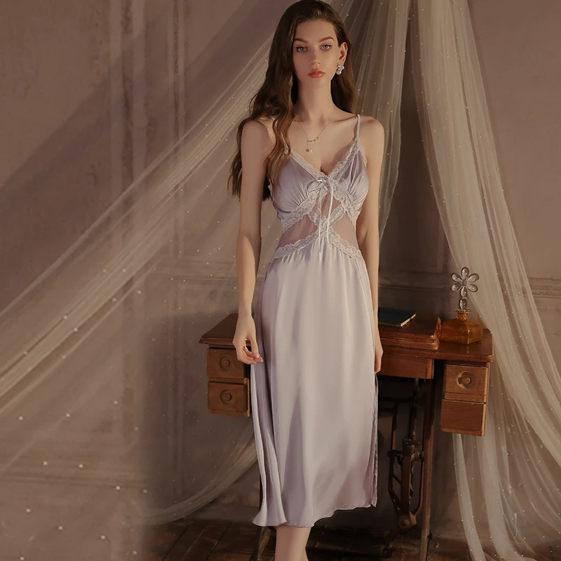 

Side Slit Long Night Dress Woman Lingеrie Nightgowns Sleepwear Lingeries Sexy Hot Night Wear For Ladie