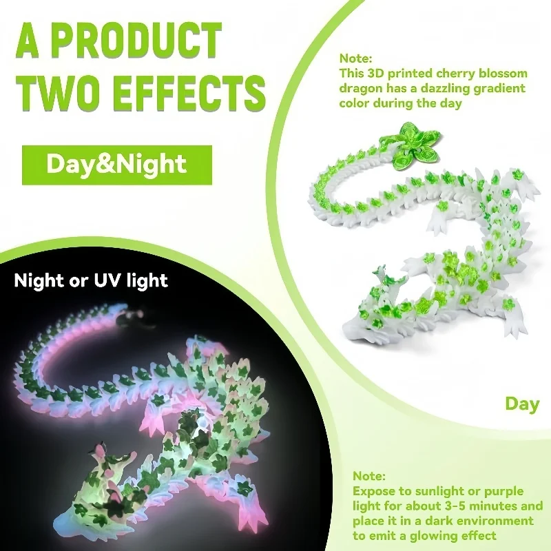 

3D Printed Chinese Loong Articulated Dragon Fidget Toy Luminous Cherry Blossom Flexible Desk Decor Birthday Gift for Boys