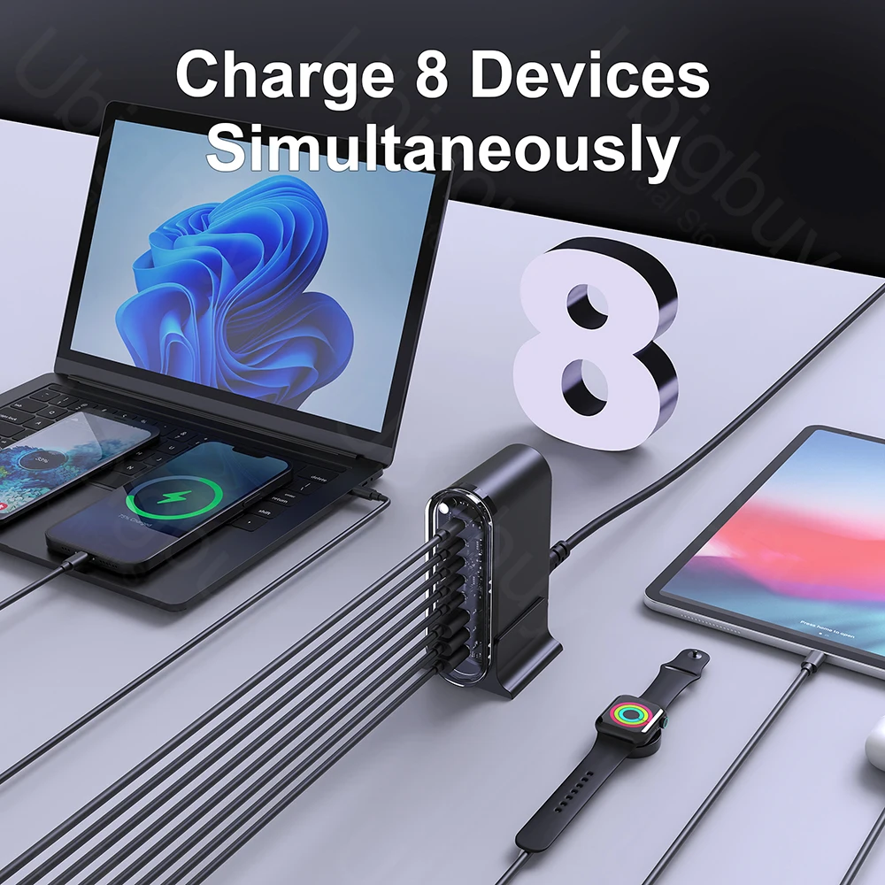 Ubigbuy 268W Ładowarka biurowa GaN 8-portowa ładowarka PD USB-C Szybkie ładowanie 3.0 USB typu C PPS Szybkie ładowanie dla MacBook iPhone Samsung