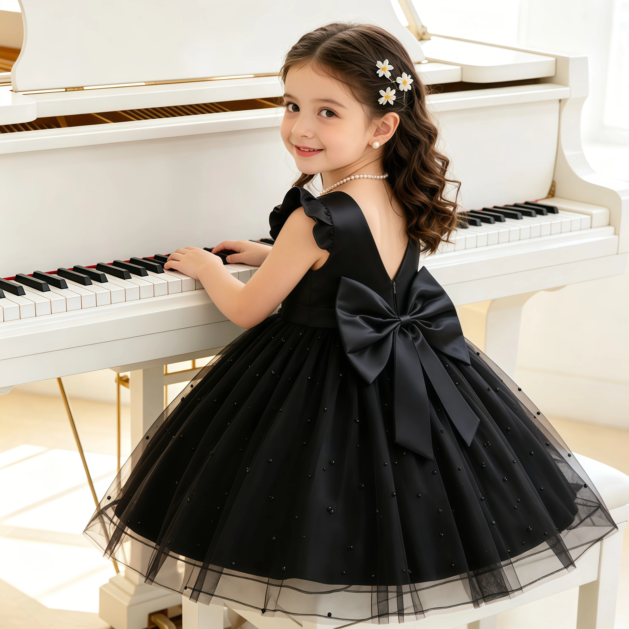 Flower Girls Flying Sleeve Pearls Tulle Big Bow V Back Princess Dress For Kids Wedding Birthday Piano Perform Graduation Gown