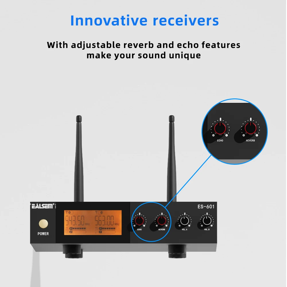 EALSEM 601 UHF microfono dinamico in metallo a doppio canale, ricevitore con riverbero regolabile, eco, per KTV, palcoscenico, 164FT/50m, nero