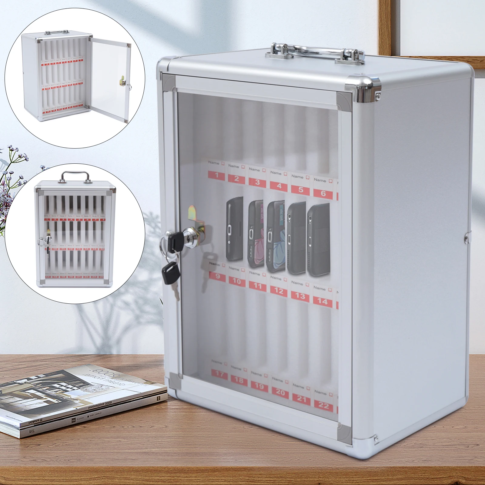 

24 Slots Silver Aluminum Alloy Cell Phone Locker Acrylic Cabinet Door Storage Cabinet School Conference Room