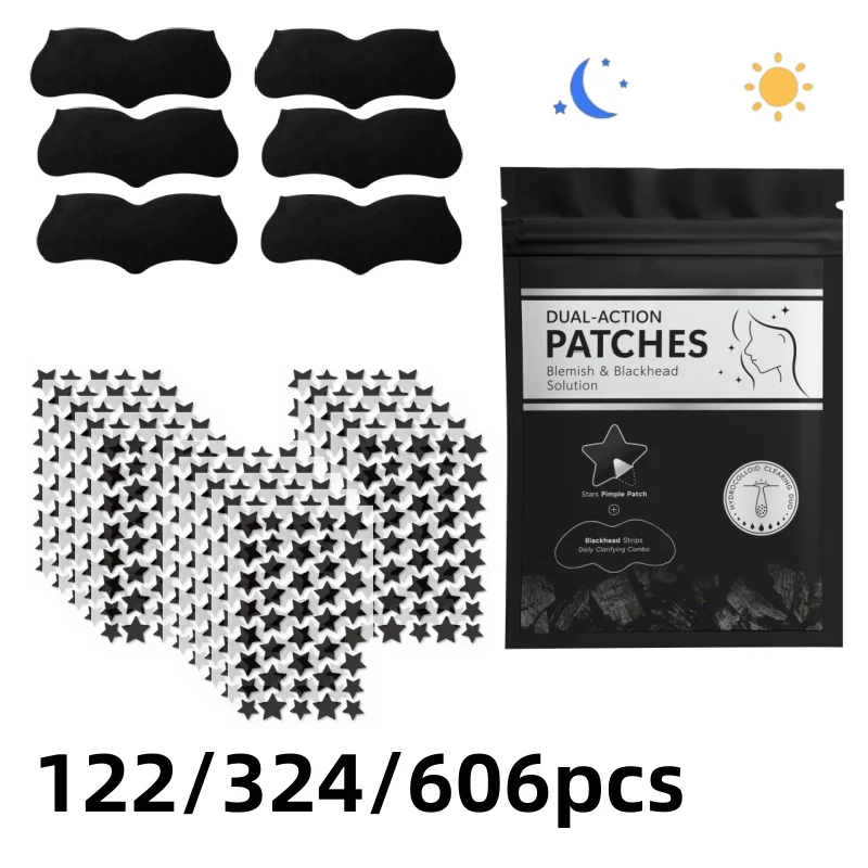 122/324/606Pcs Star Shaped Hydrocolloid Blemish Patches and Black Nose Strips Day Night Facial Care Combo Set