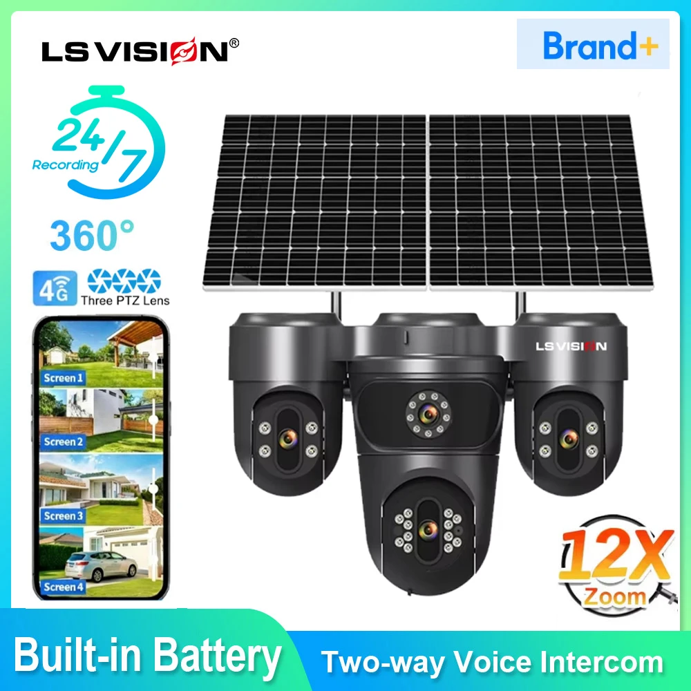 LS VISION Solar Camera 4G Sim Outdoor 4 Lens 4 Screen 12X Zoom PTZ PIR Human Detect 7/24 AOV Camera Waterproof Night Vision CCTV