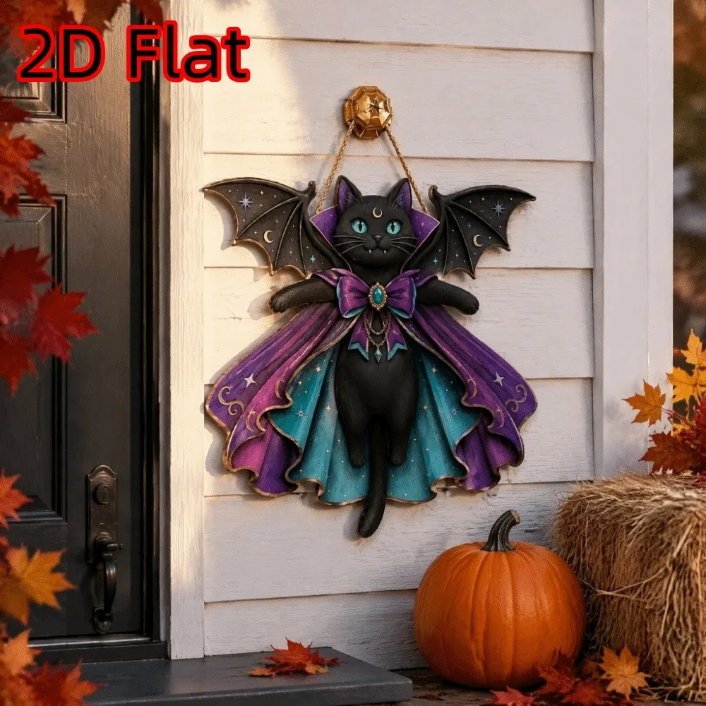 2D Flat Halloween Black Cat Door Sign Gothic Moon Star Holiday Bat Wing Cat Pendant DIY Spooky Bow Knot