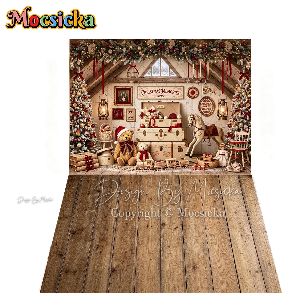 Mocsicka White Christmas Room Backdrop Photography Floral Garland Pine Tree Toy Bear Doll Carriage Background Kids Family Photo