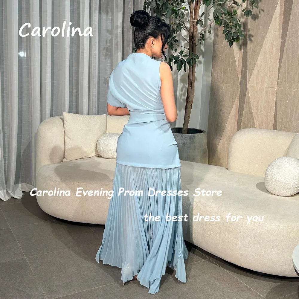 Carolina Blue One-Shoulder Crepe Mermaid Prom Gowns 2024 High Quality Slim Short Sleeve Ankle-Length Formal Evening Dress