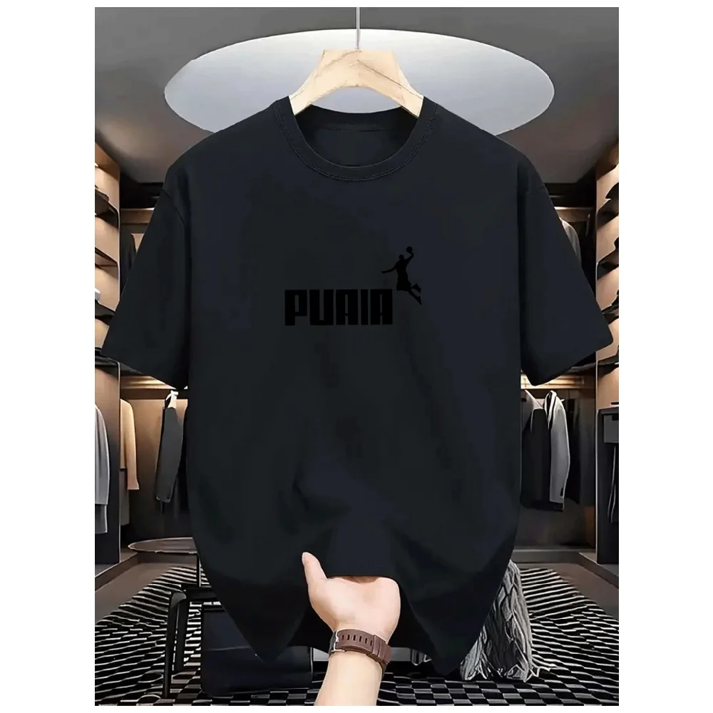 Men’s Polyester Basketball Graphic Tee PUAIA Lettering & Dunk Player Silhouette Print O-Neck Short Sleeve Everyday Active Wear